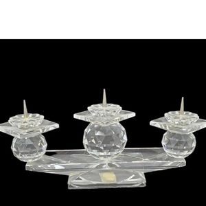 Vintage Swarovski Crystal Candle Holder 1980's Faceted 3 Pin Candelabra Signed